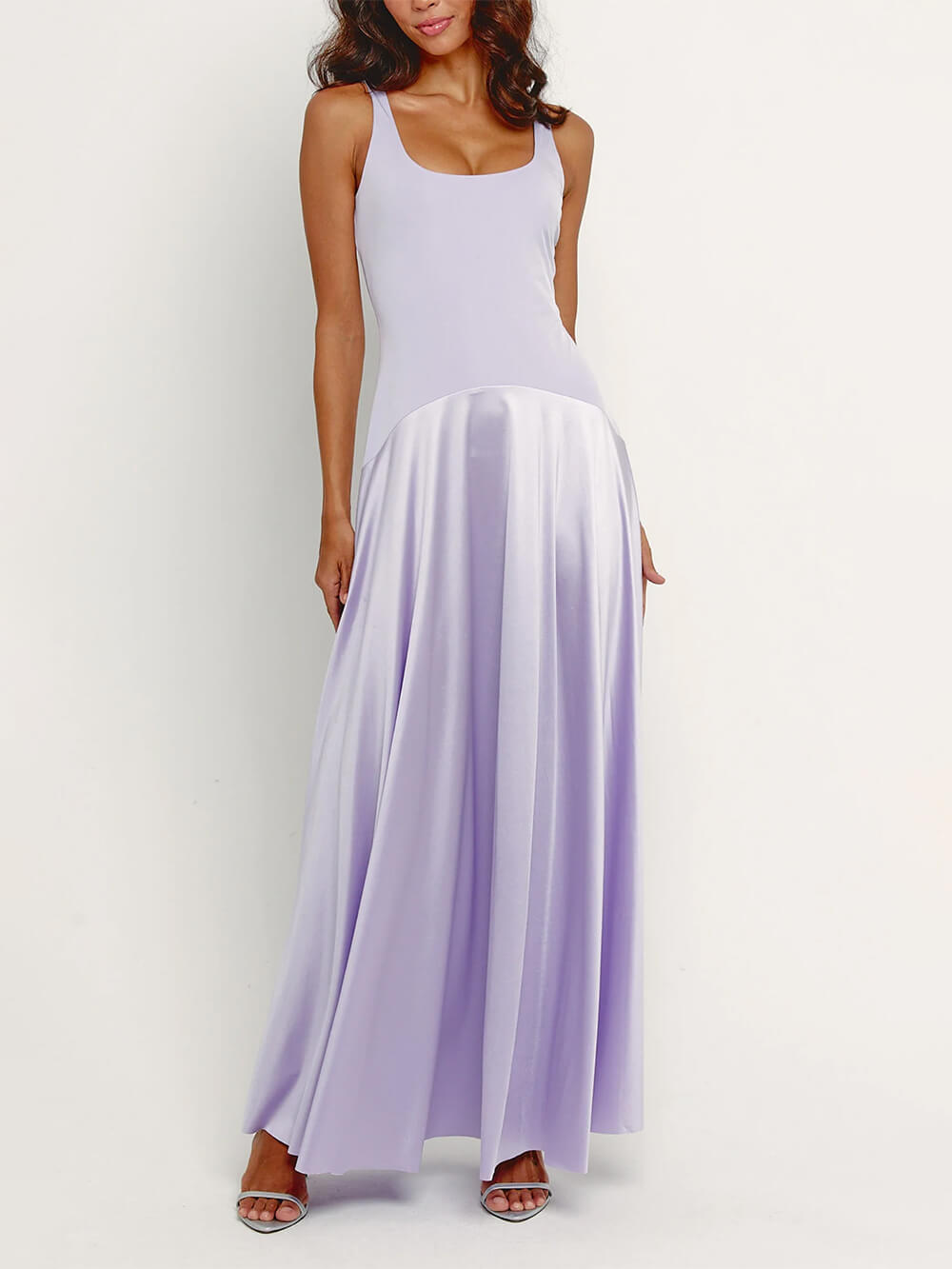 Elegant Curved Waist Spliced Satin Party Maxi Dress