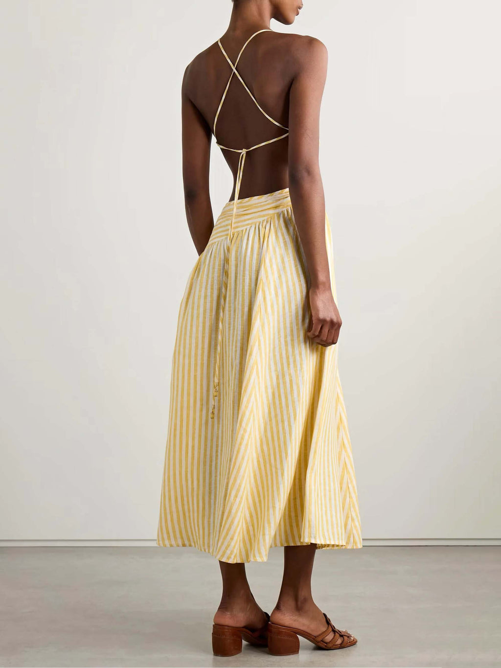 Robe midi décontractée exquise à imprimé rayé et plissé