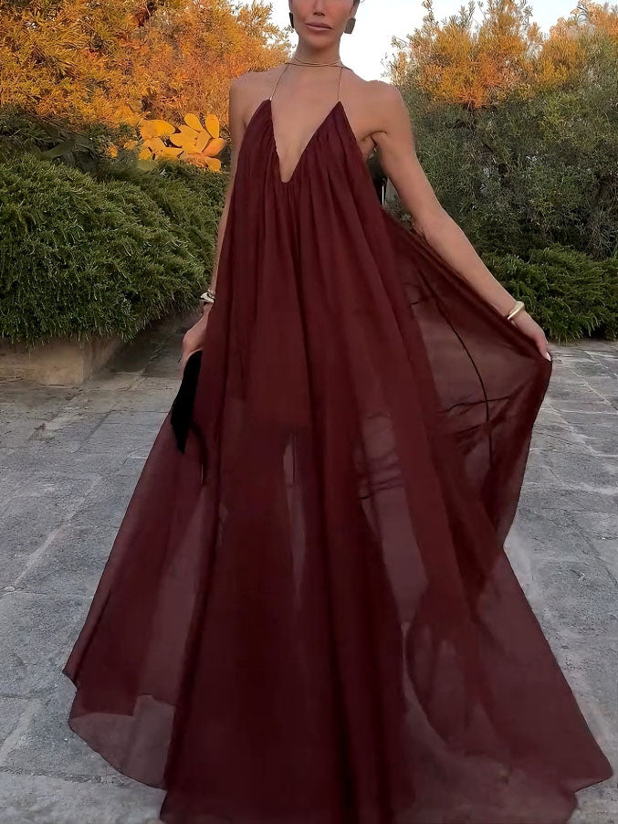 Elegant V-neck Chiffon Flowy Maxi Dress