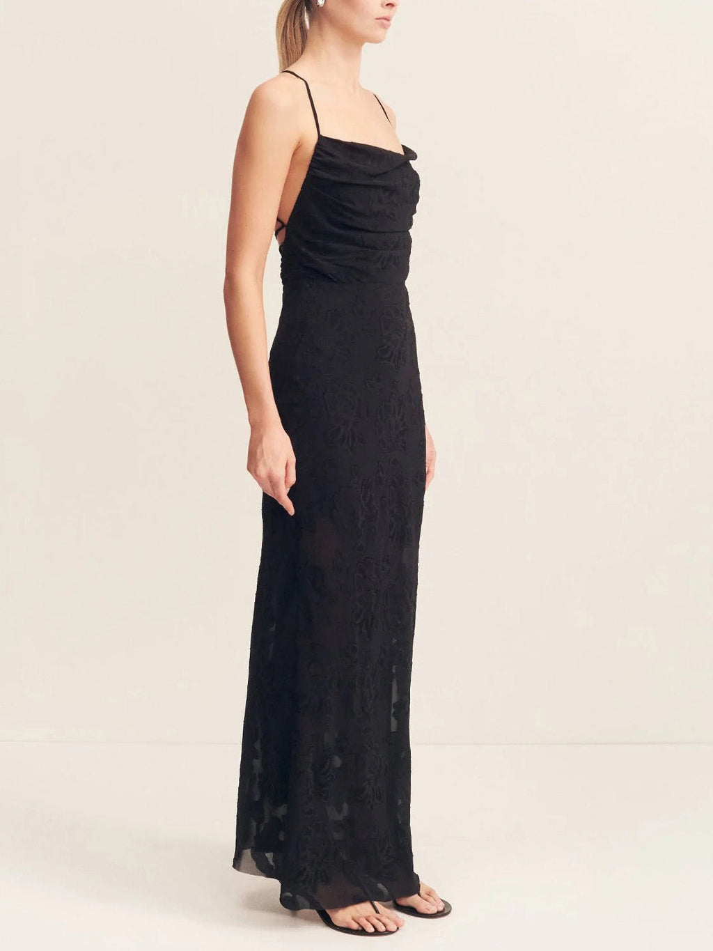 Elegant Transparent Jacquard Drape Neck Maxi Dress