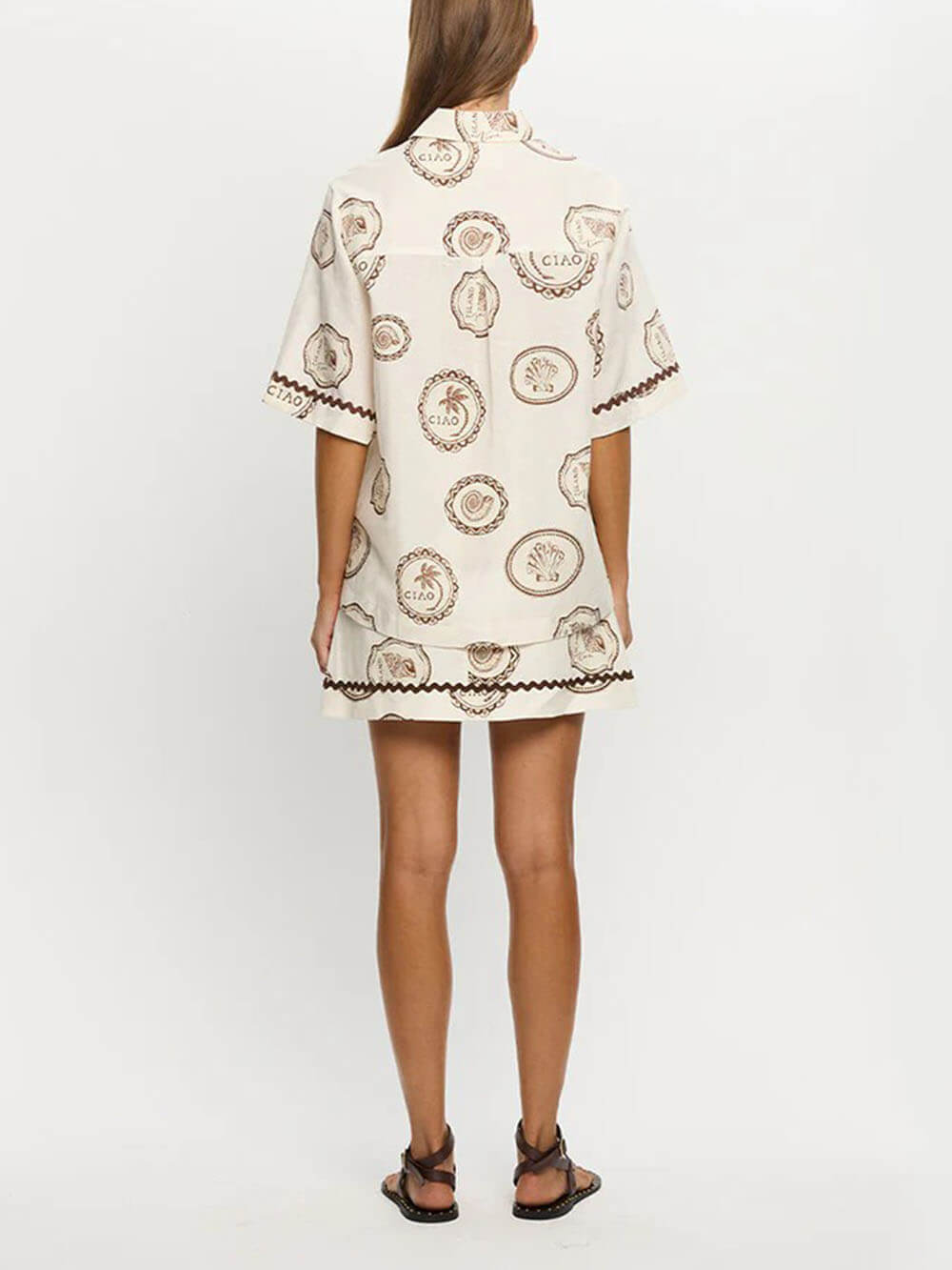 Elegant Lace-Up Linen Shell Print Short-Sleeved Shirt And Skirt Set