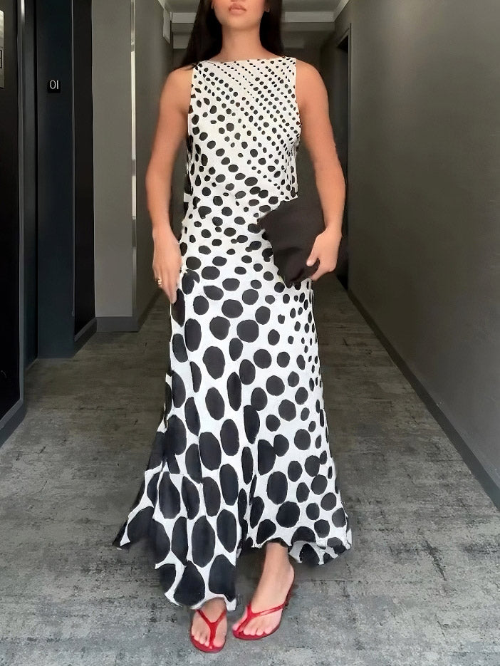 Elegant Gradient Polka Dot Print Backless Maxi Dress