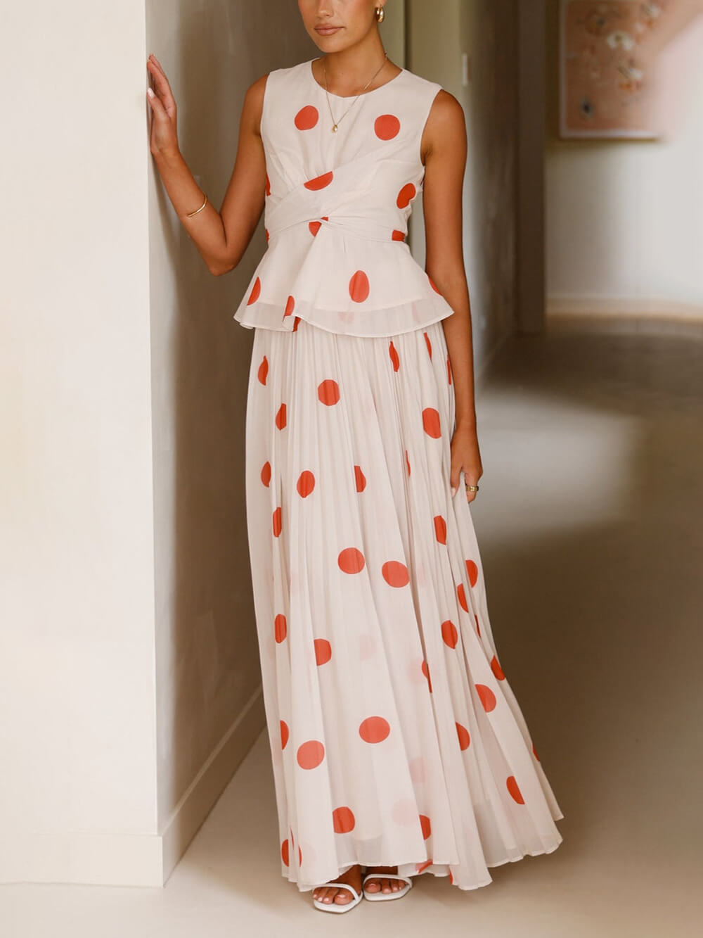 Delicate Red Polka Dot Print Ruched High-Waist Skirt