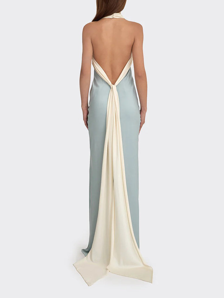 Elegantes Party-Maxikleid aus Satin mit Neckholder und Kontrast