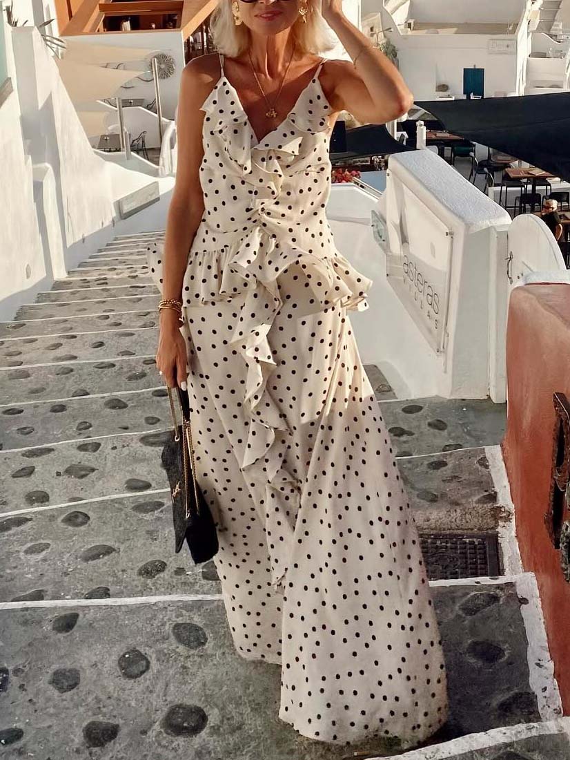 Casual V-neck Polka Dot Print Ruffled Maxi Dress