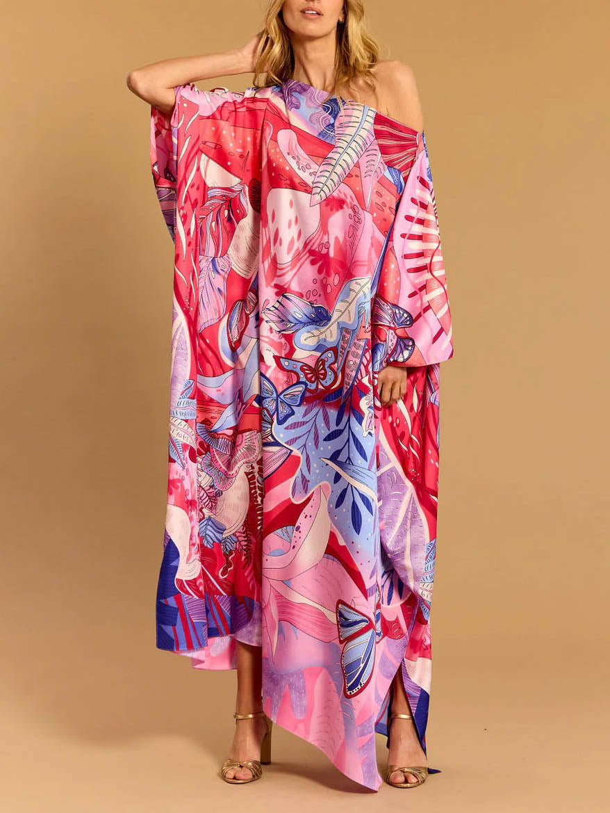 Elegantes Maxikleid aus Satin mit One-Shoulder-Print