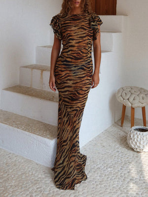 Leopard Print Ruffled Short-sleeved Evening Maxi Dress