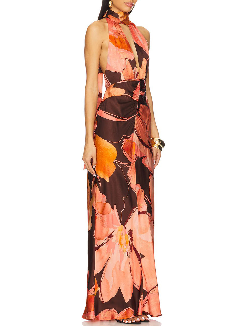 Elegant Halterneck Retro Floral Print Maxi Dress