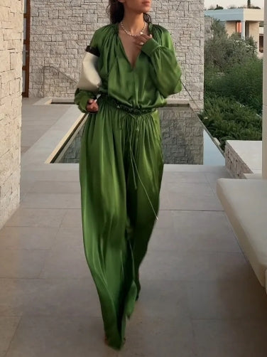 Elegant Satin V-neck Loose-fitting Shirt