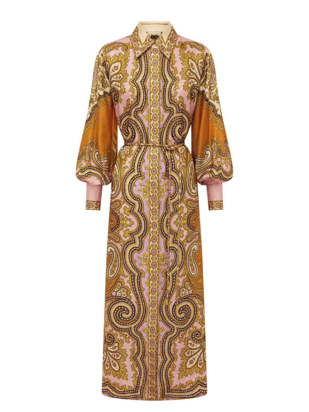 Robe longue boutonnée en satin exquis à imprimé cachemire unique