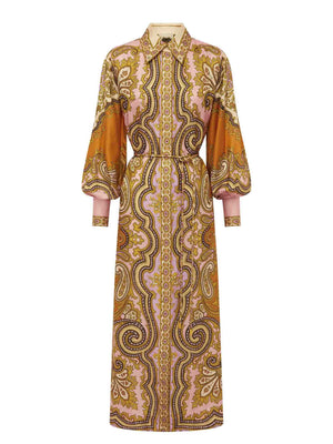 Robe longue boutonnée en satin exquis à imprimé cachemire unique