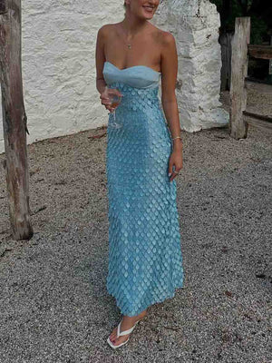 Robe longue élégante sans bretelles en dentelle et paillettes