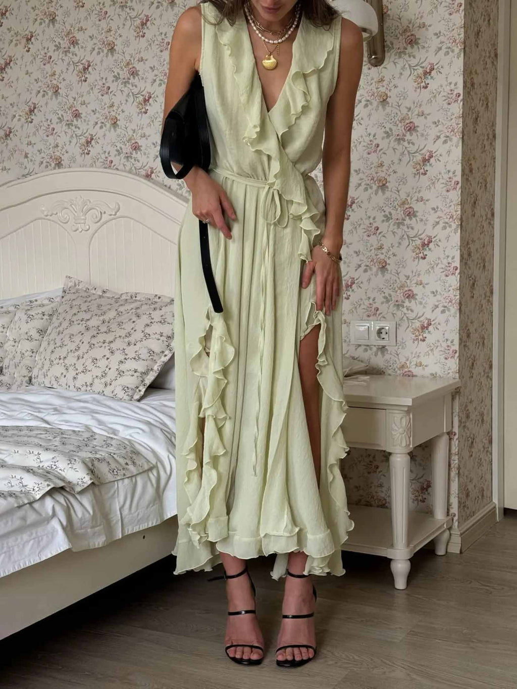 Elegant Ruffled V-Neck High-Slit Maxi Dress