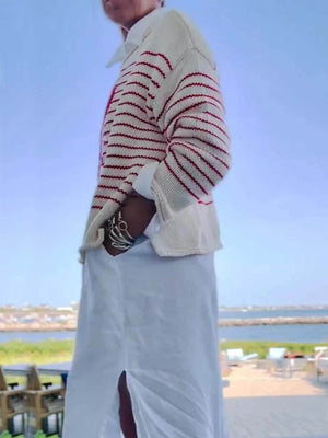 Pull rétro rayé crème et rouge à motif homard