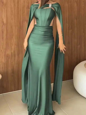 Elegant Strapless Cape Evening Maxi Dress