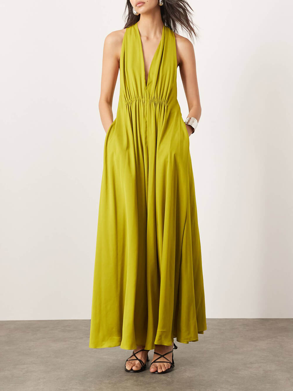Elegant Modern Ruched Satin Pocket Backless Maxi Dress