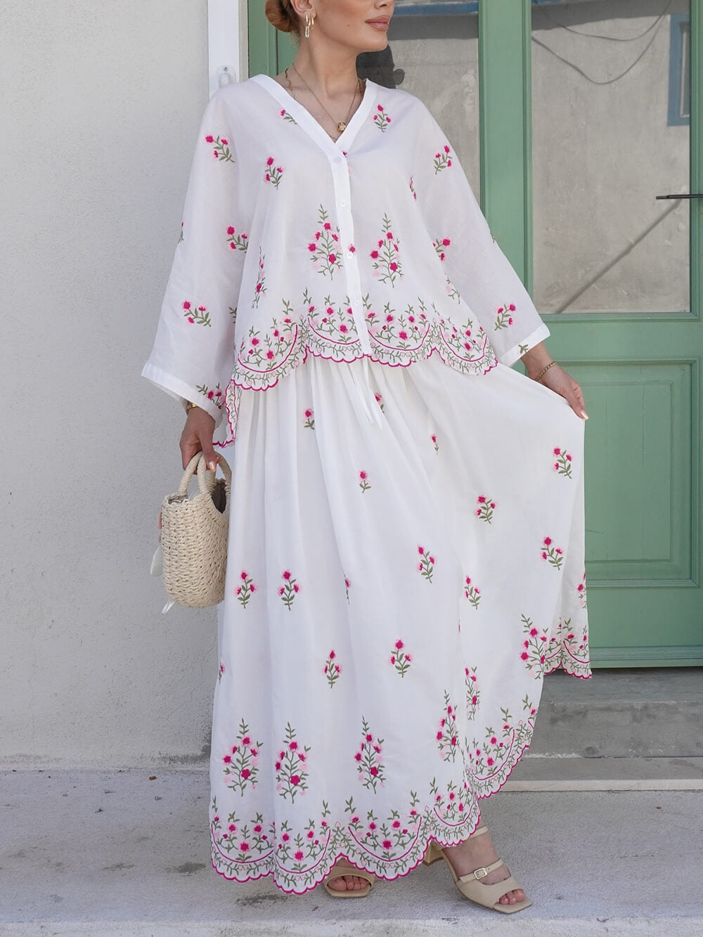 Jupe midi à volants brodés de fleurs délicates avec taille élastique