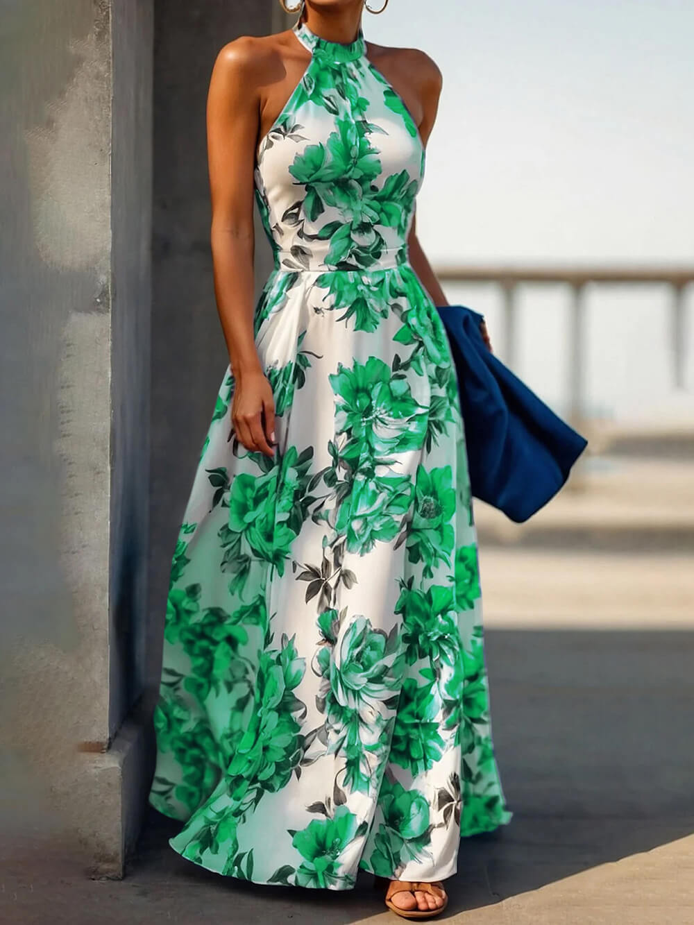 Elegant Floral Print Halter Neck Holiday Style Slim Maxi Dress