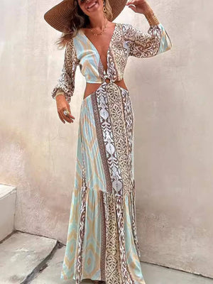 Robe unique à imprimé creux, col en V et ceinture nouée