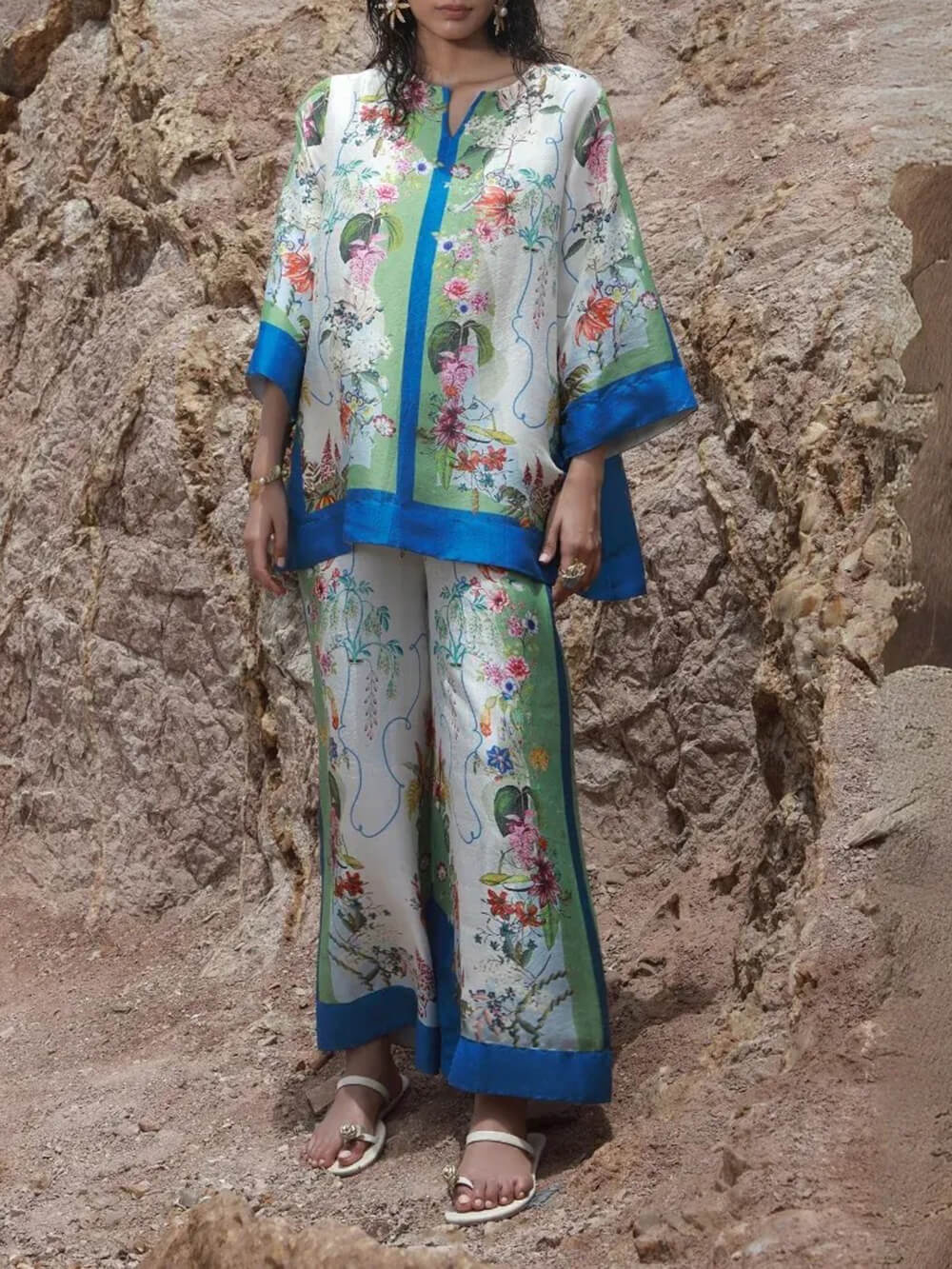 Modern Satin Floral Patchwork Wide-Leg Pants