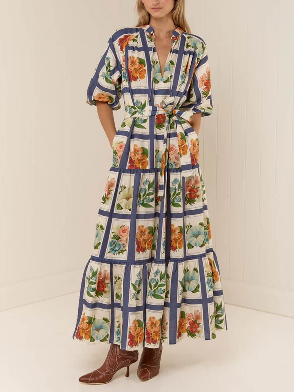 Robe longue à imprimé botanique rétro