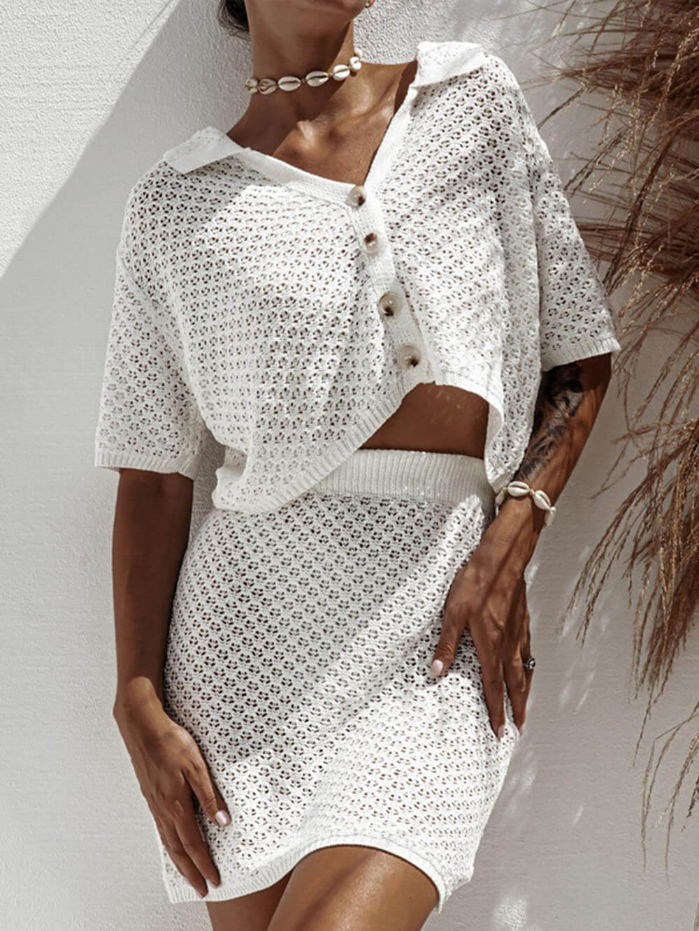 Ensemble jupe tricotée à manches courtes, décontracté et tendance