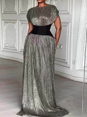 Elegant Shimmery Silver Contrast Waist Maxi Dress