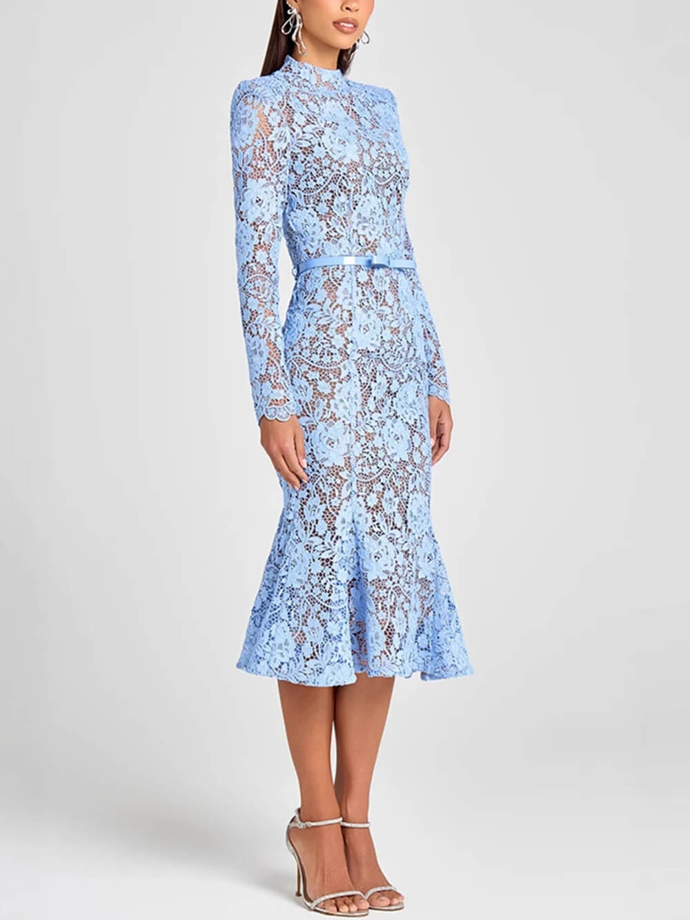 Elegantes langärmliges Meerjungfrau-Midikleid mit Spitzengürtel