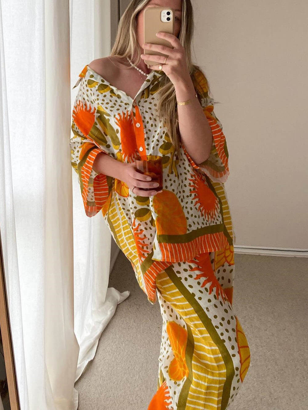 Casual Unique Satin Sun Print Loose Elastic Waist Drawstring Pocket Wide Leg Pants