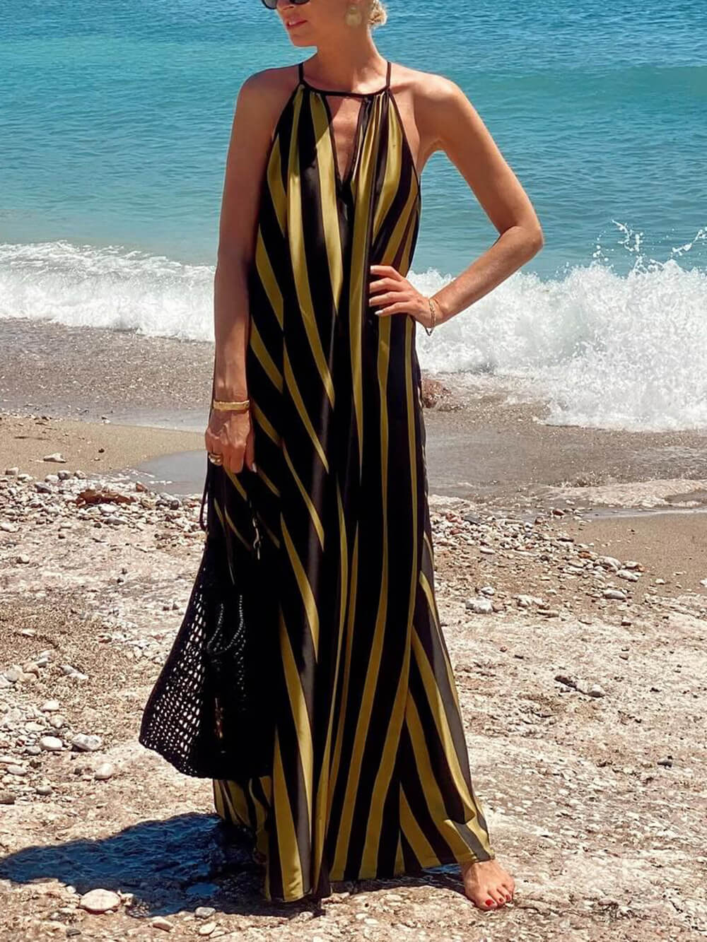 Lässiges Maxikleid mit Kontraststreifen-Print und Schnürung für den Urlaub