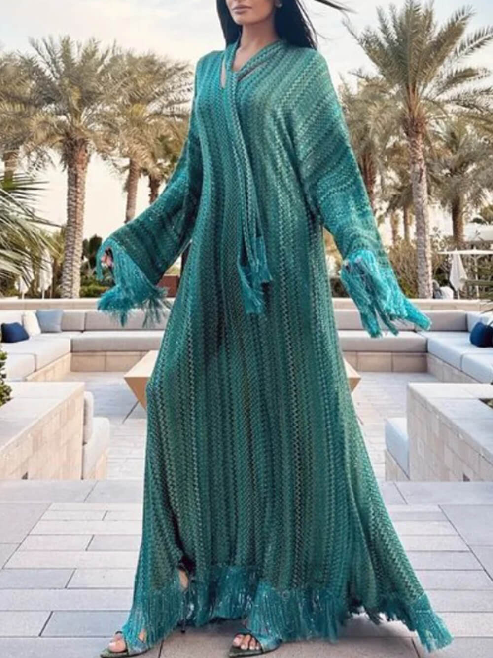 Elegant Printed V-Neck Fringe-Paneled Summer Beach Maxi Dress
