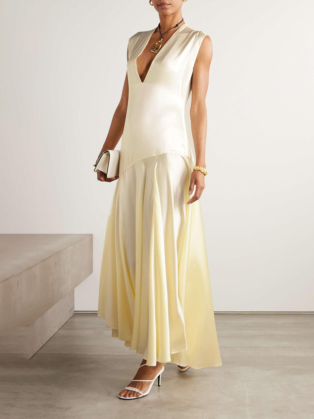 Elegant Ruched Panel Sleeveless Satin Maxi Dress