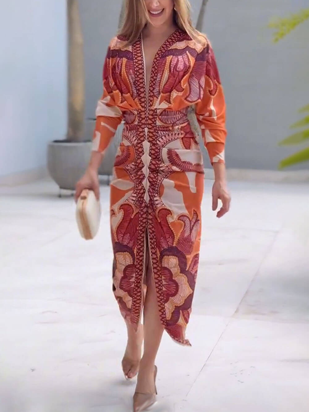 Elegantes, sexy Kleid mit Blumenmuster, V-Ausschnitt, langen Ärmeln und Schlitz