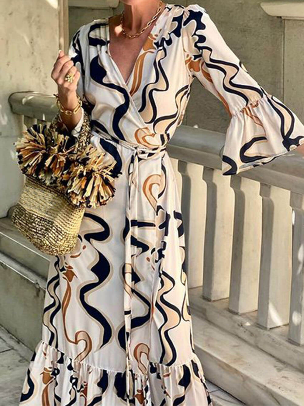 Robe longue ample à imprimé bohème avec ceinture nouée à la taille