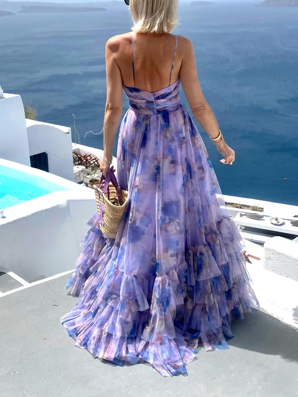 Elegant Floral Print Chiffon Layered Halter Maxi Dress