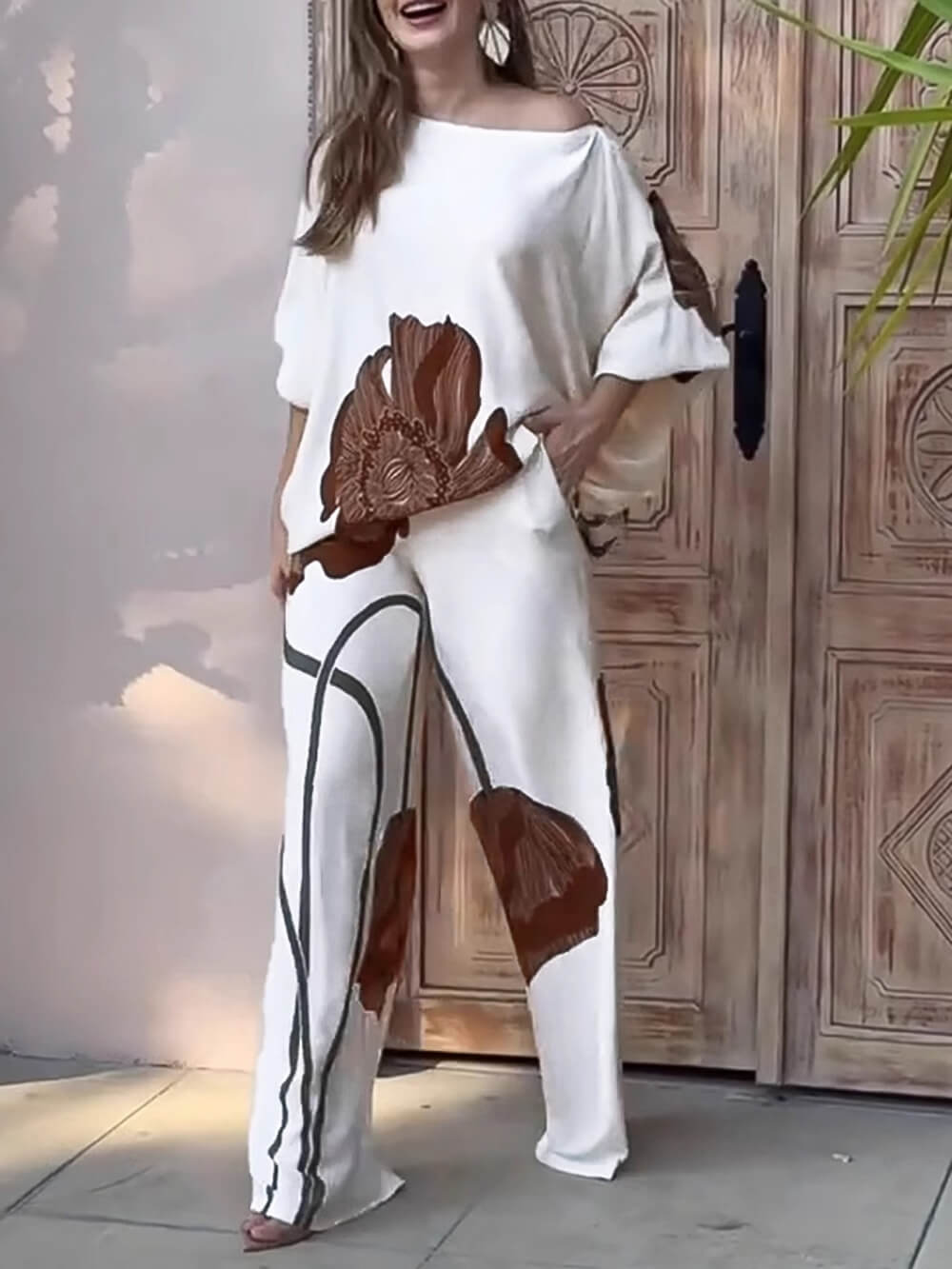 Retro Floral Print Relaxed Pocket Straight Pants