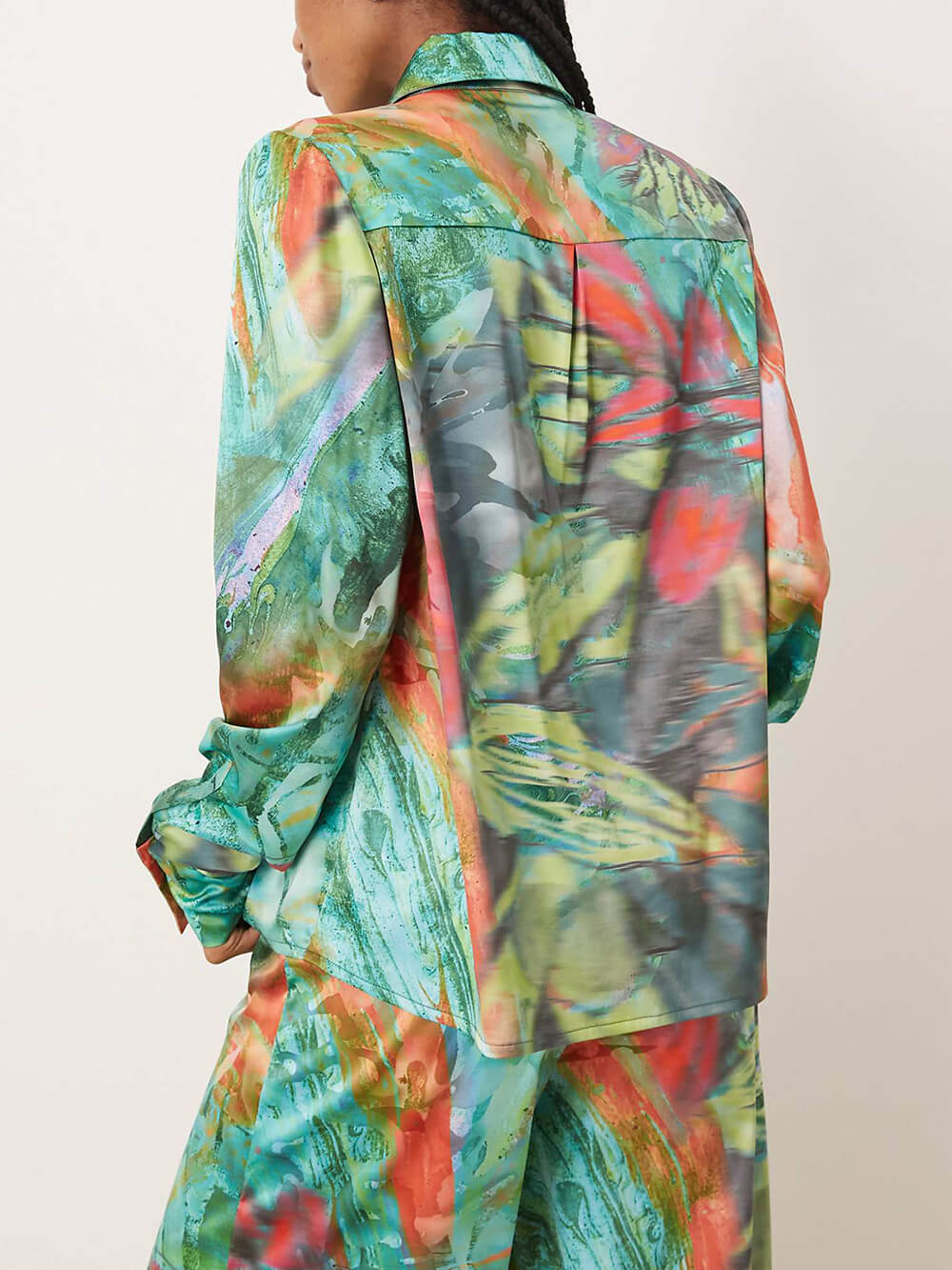 Einzigartige, lockere Hose mit weitem Bein und Satin-Ölgemälde-Print und elastischer Taille