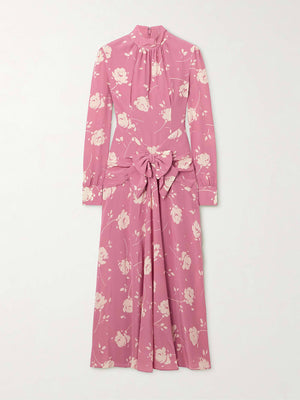 Retro-Midikleid mit Schleifenverzierung und gerafftem Blumendruck