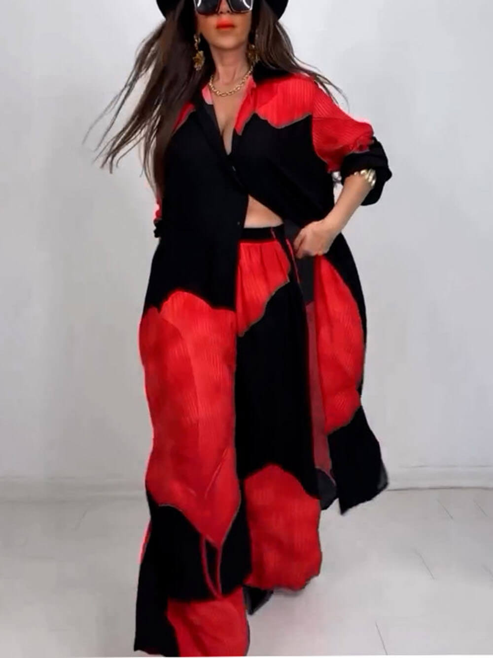 Elegantes, lockeres, bedrucktes Midi-Oberteil mit weitem Bein und Hose