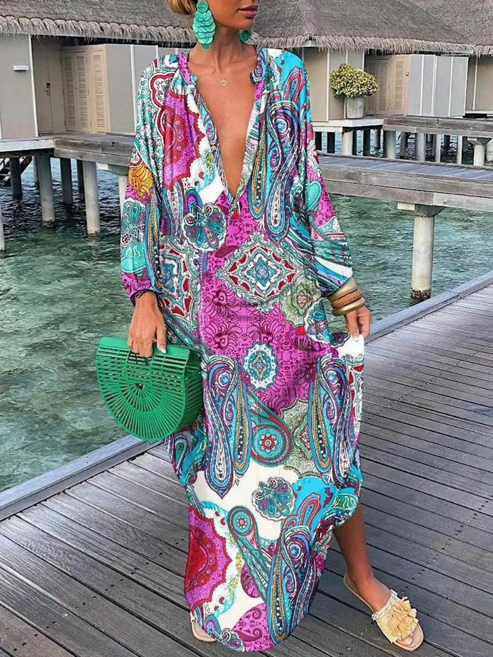 Robe longue bohème imprimée à col en V