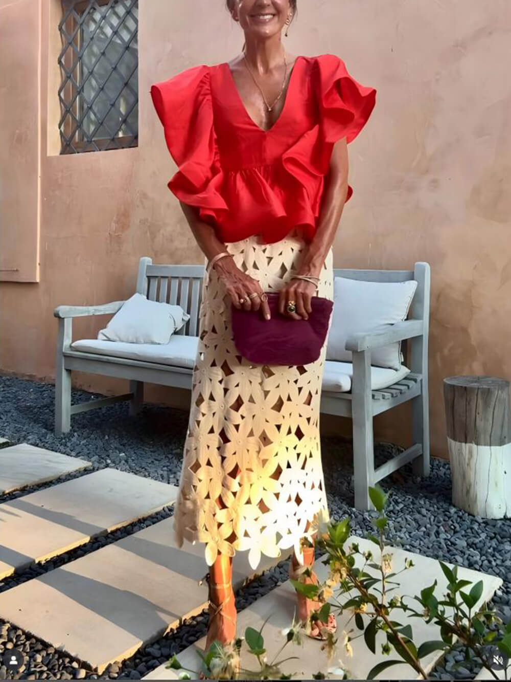 Retro Lace Floral Split Midi Skirt