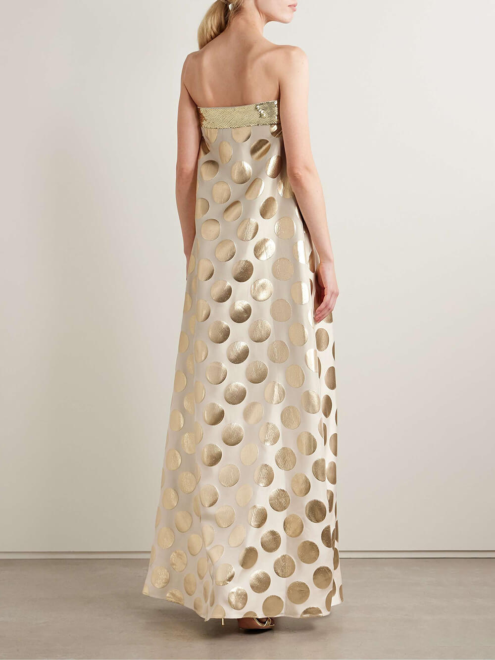 Elegant Off-Shoulder Sequin Metallic Polka Dot Maxi Dress