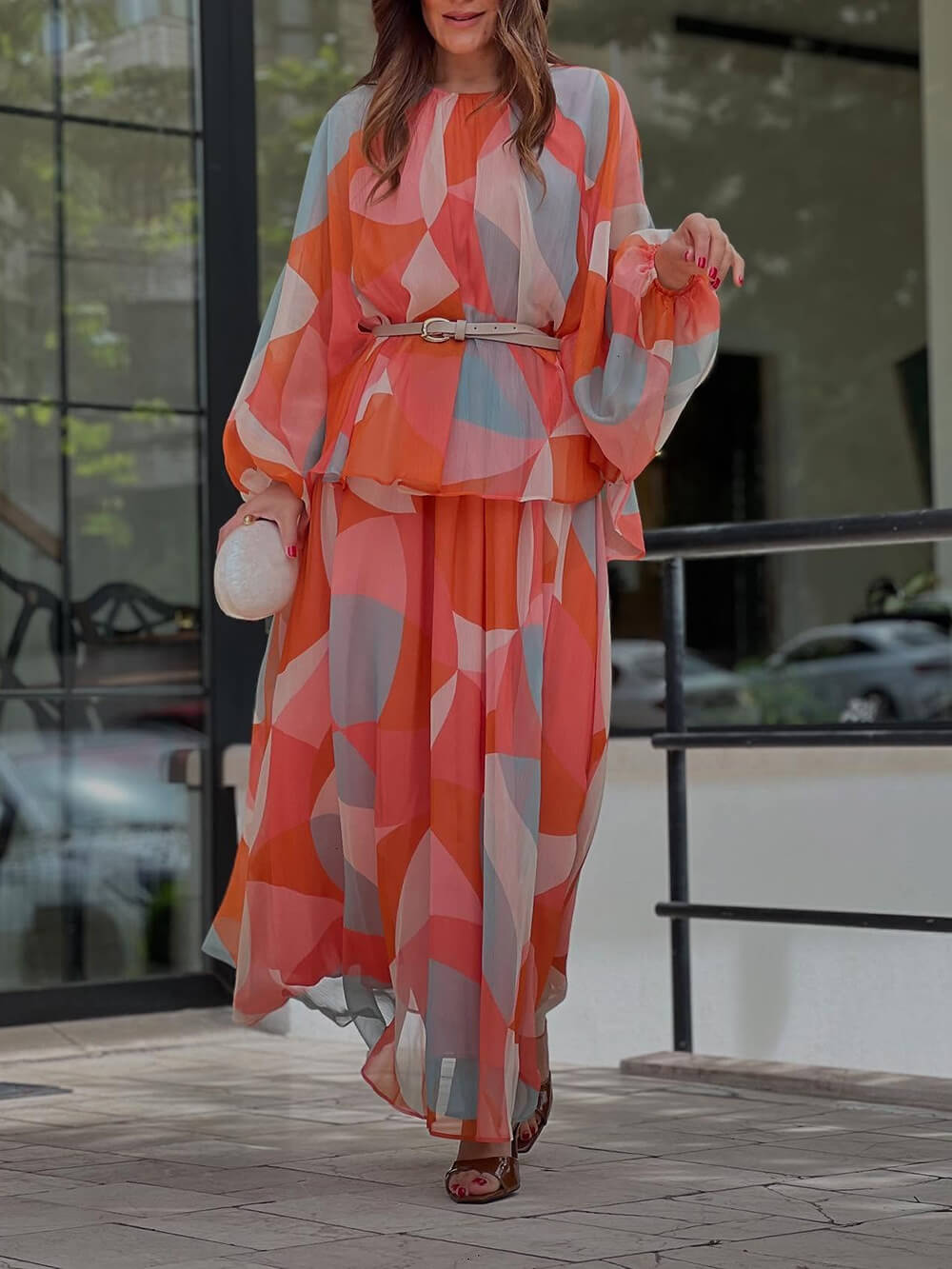 Classic Geometric Print Lantern Sleeve Patchwork Blouse