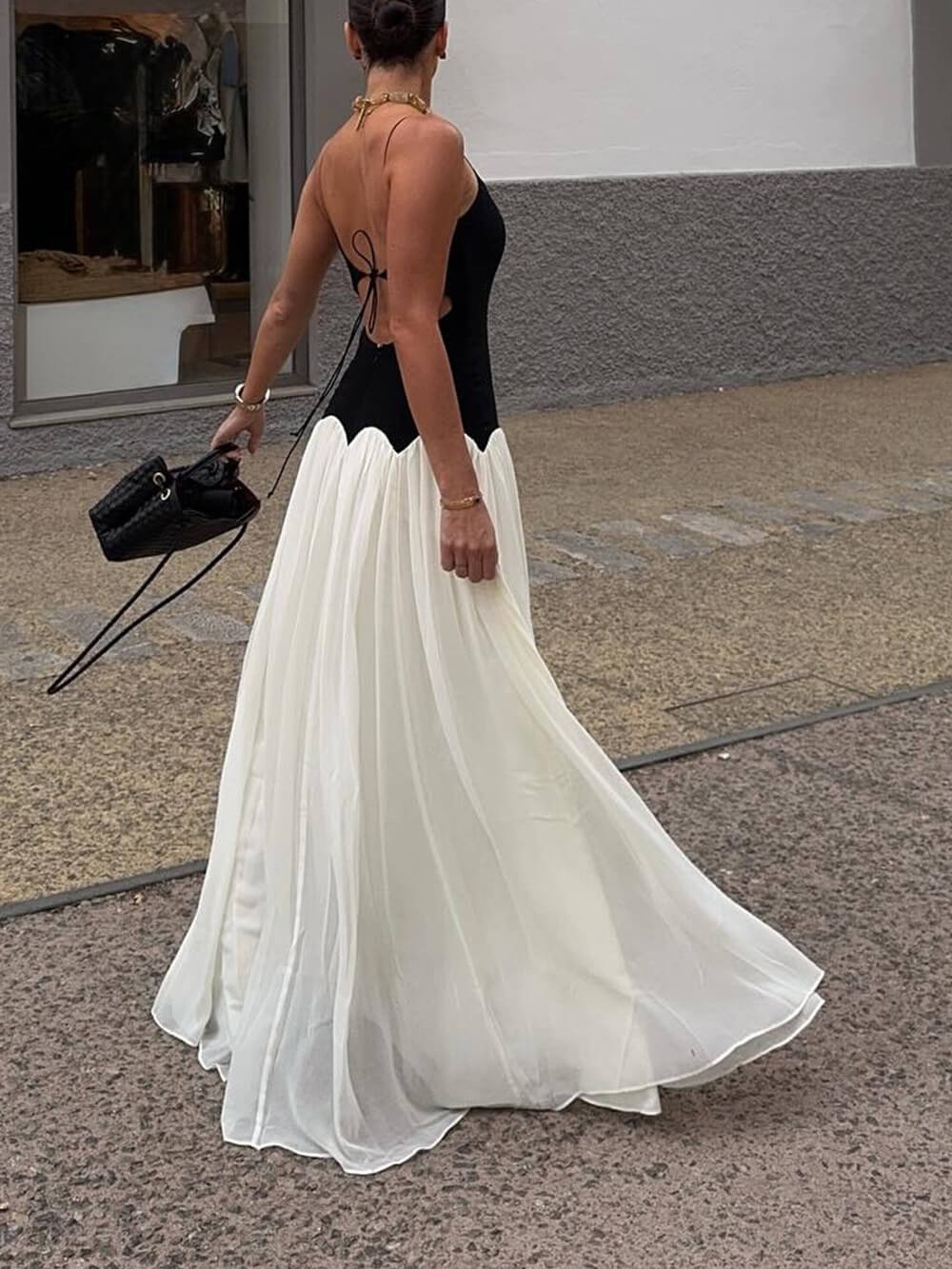 Elegant Color-Block Spaghetti Strap Backless Maxi Dress