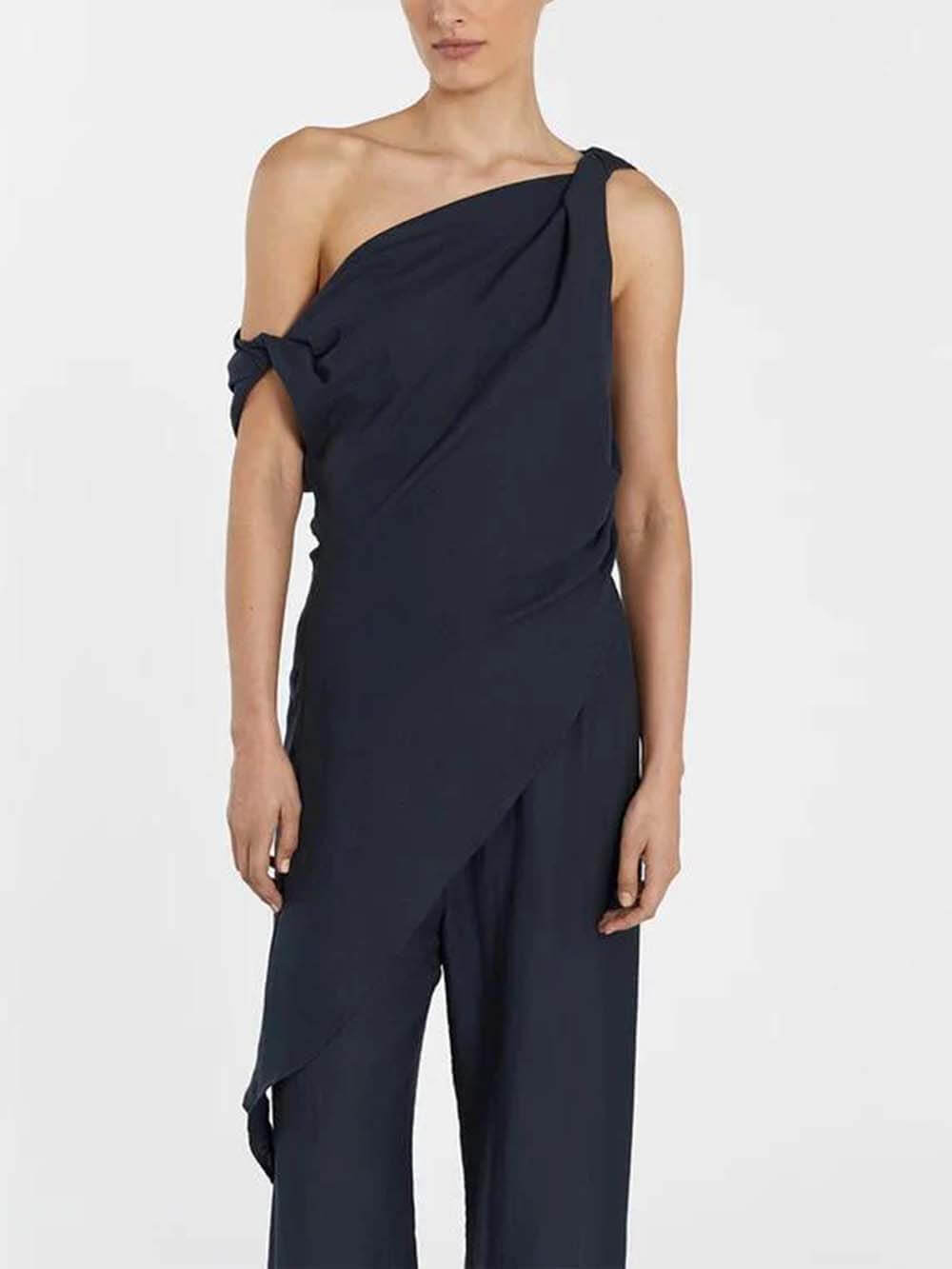 Ensemble décontracté avec haut asymétrique torsadé et pantalon en lin mélangé