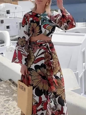 Robe longue à lacets et imprimé coloré unique, nombril nu