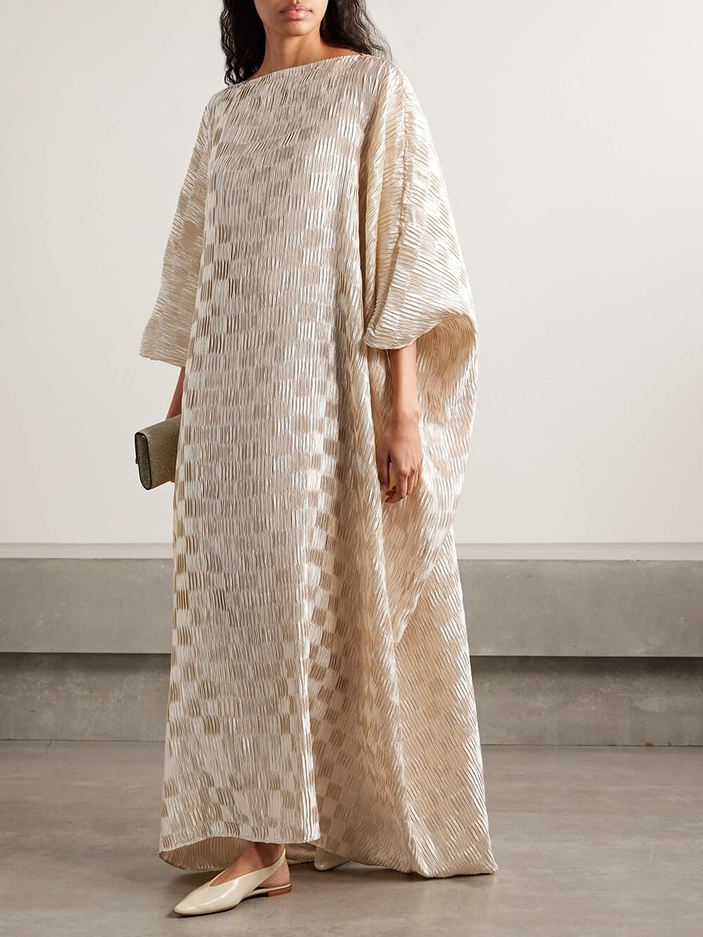 Robe longue ample à manches tombantes et plissée, coupe cocon décontractée et unique, à carreaux et imprimé