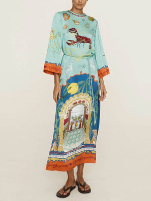 Robe longue fendue à manches longues et taille nouée en satin à imprimé unique