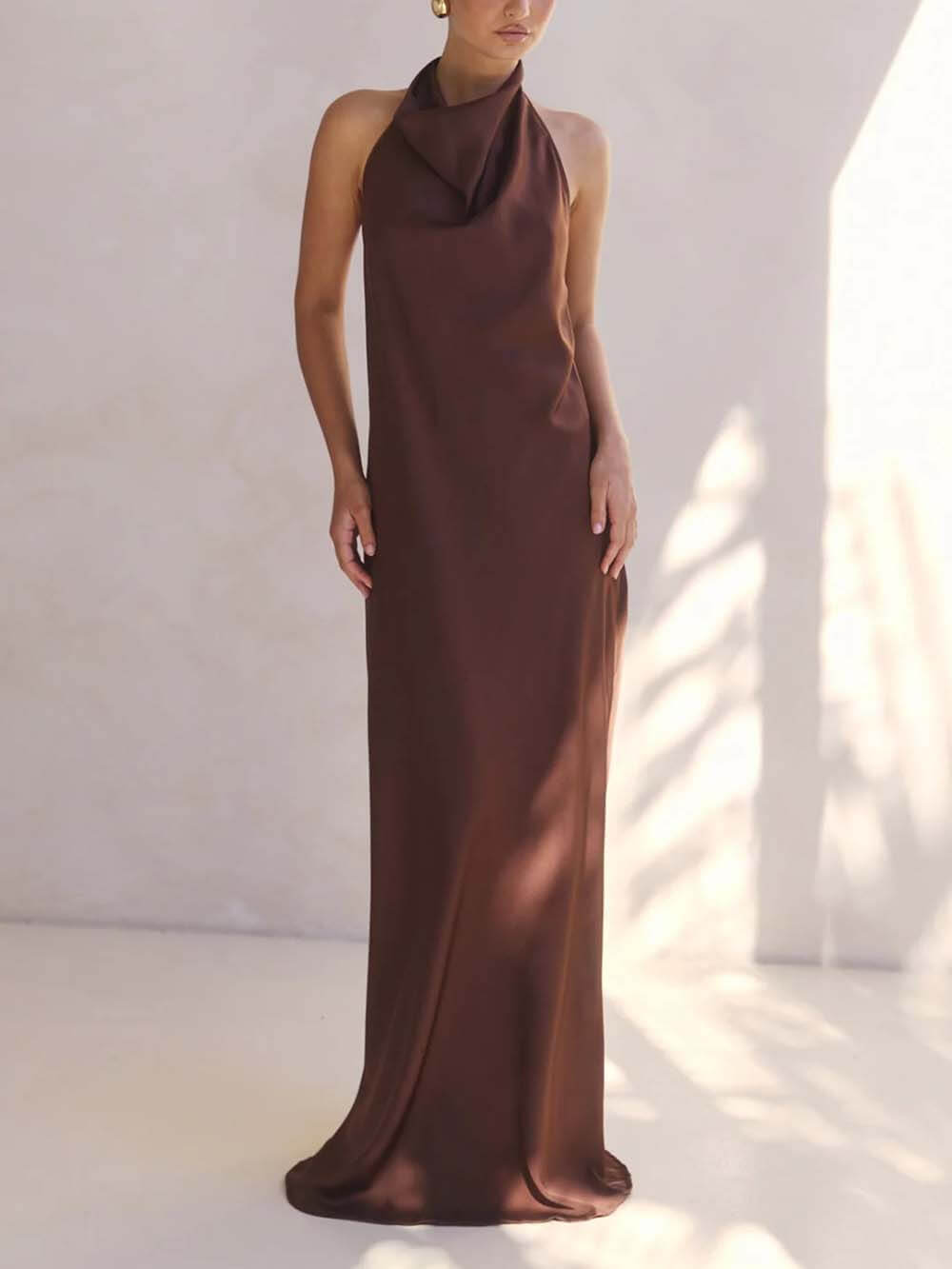Elegant Halter Draped Neck Satin Backless Maxi Dress