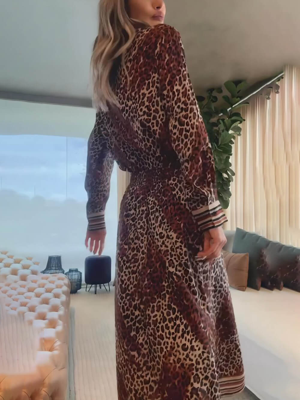 Retro Classic Leopard Print Patchwork Elastic Waist Midi Skirt